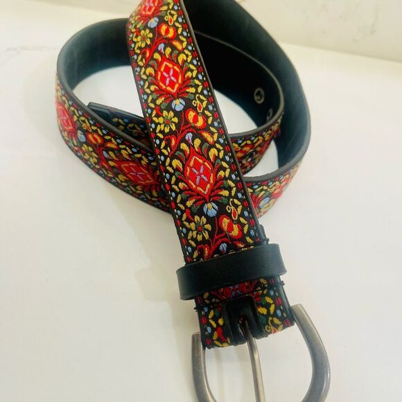 Embroidered Floral Ribbon Belt - Black with Red & Yellow Pattern